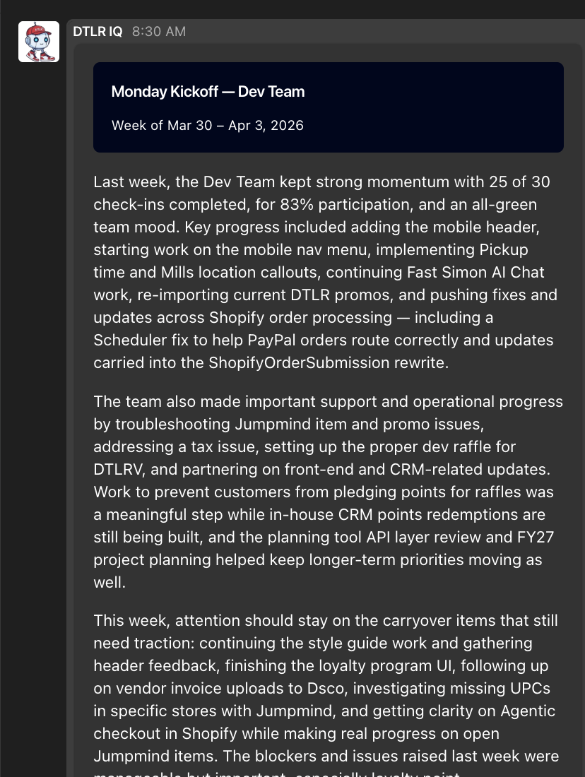 <strong>DTLR IQ in Teams &mdash; Continued Drill-Down:</strong> Same conversation, different question. The bot picks up the thread and pulls the next data point.